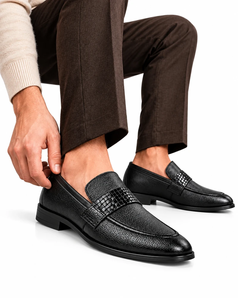 Men's Black Textured Leather Woven Strap Loafers | Pelle Sole