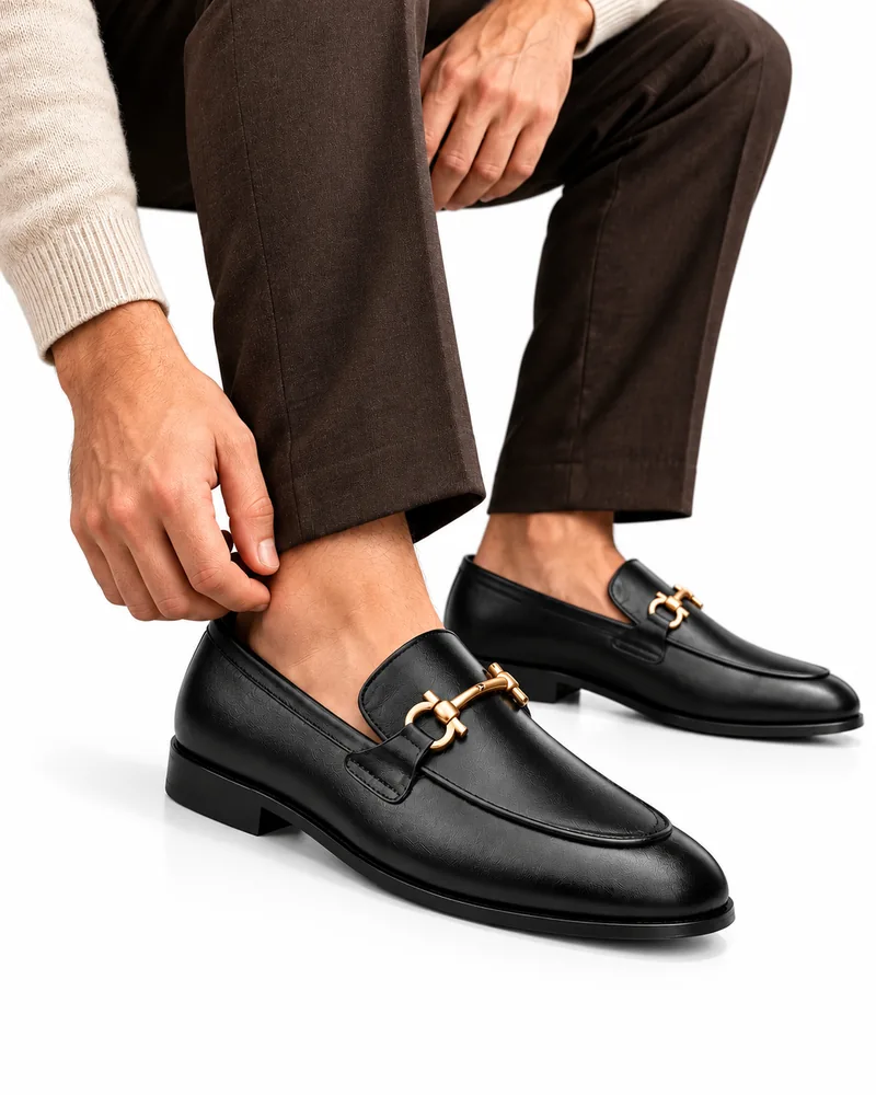 Men's Black Leather Gold Horsebit Loafers | Pelle Sole