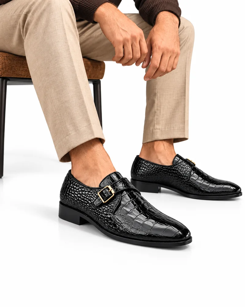Men's Black Croc Monk Strap Shoes