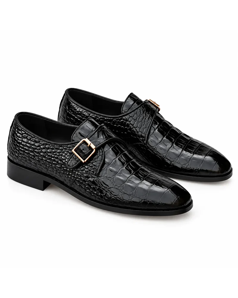 Men's Black Croc Monk Strap Shoes — alternate view