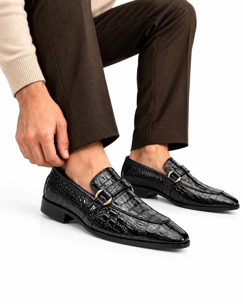 Men's Black Croc-Embossed Loafers