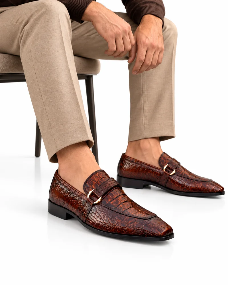 Men's Brown Croc-Embossed Loafers