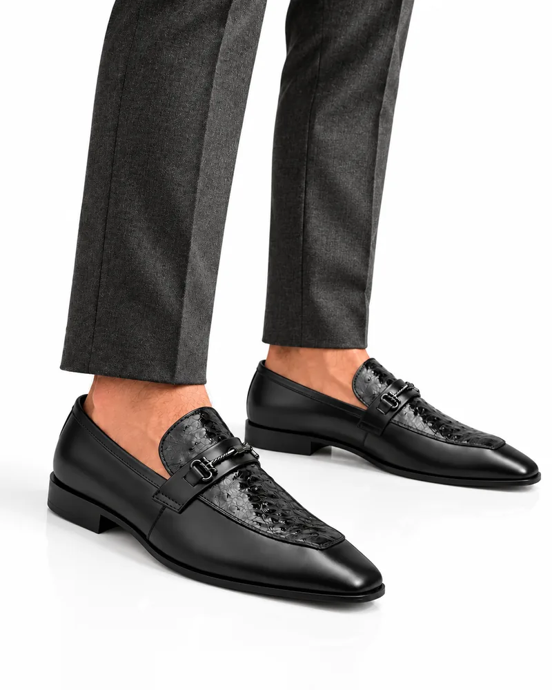 Men's Black Textured Horsebit Loafers