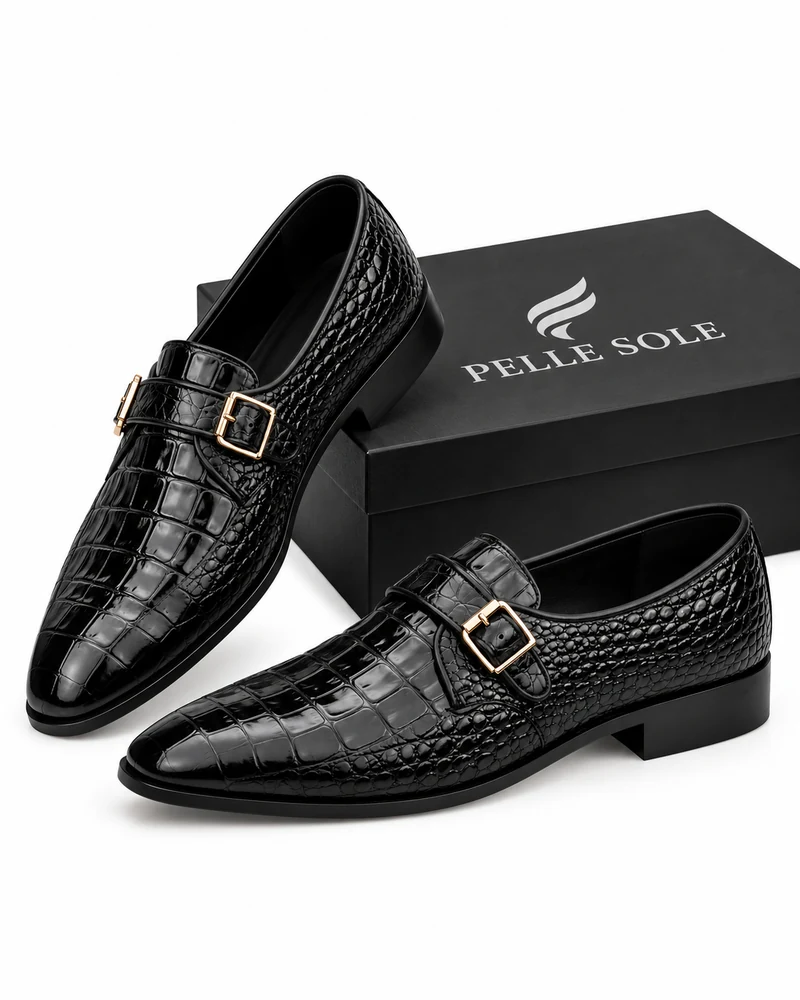 Men's Black Croc Monk Strap Shoes — alternate view