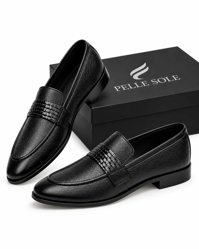 Men's Black Woven Strap Leather Loafers | Pelle Sole — alternate view
